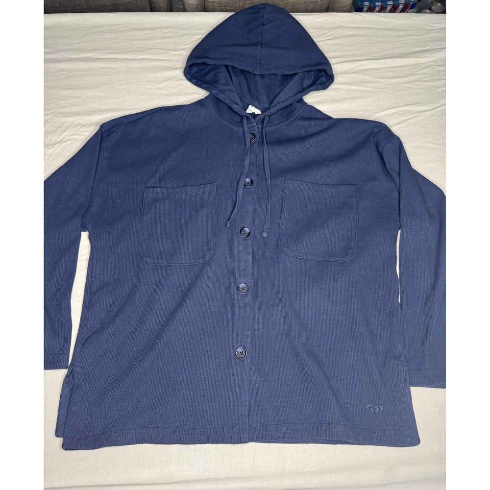 Roxy Womens Navy Blue Waffle Knit Button Down Hoodie Thermal Shirt XL 1897201